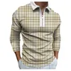 New Trendy 3D Stripe Grid Printed Polos T-shirts For Mens Slim Fit Zipper Lapel Designer Long Sleeve Loose Casual Polo Shirts T004