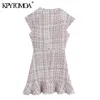 Vrouwen mode met ruches trim tweed mini jurk vintage korte mouw rug zipper vrouwelijke jurken vestidos mujer 220526