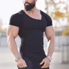 Marca fitness masculino de algodão camiseta curta oblíqua v ginásio de pescoço roupas camisetas de musculação masculina machos slim tees apertados 220504