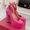 Tan-Go platform pumps shoes Hot pink patent leather high-heeled ankle strap chunky heels block Heel 155mm round toe dress shoe Women Luxury Designers factory footwear