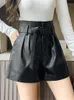 REALEFT Autumn Winter Women's Faux PU Leather Shorts with Belted High Waist Ladies Elegant Short Trousers Pocket Female 220527