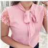 S5xl w górę muszki Koszulka Lato koronkowy krótki rękaw Solidny szyfonowy bluzka Elegancka biuro Lady Blusas Woman Tops 220707