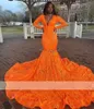 인어 드레스 오렌지 프롬 2022 흑인 소녀 긴 소매 블링 스팽글 생일 파티 가운 이브닝 드레스 로브 드 발
