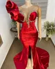 2022 Plus Size Arabic Aso Ebi Red Mermaid Velvet Prom Dresses Lace Sexig kväll Formell Party Second Reception Birthday Engagement Gowns Dress ZJ255