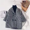 Casaco bebê menino menina jaqueta xadrez de lã longa peito duplo de lapela de lapela de tweed de algodão para fora roupas para fora de roupa 1-10y A220826