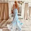 Blue Spaghetti Strap Mermaid Bridesmaid Dresses v Cut Back Satin Maid of Honor Dont Lace See من خلال Train Wedding Guest Dress 326 326