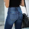 Stretchiga kvinnors jeans hösten casual denim byxor hög midja mager byxor streetwear smal fit rippad mörk tvätt kvinnlig 220402