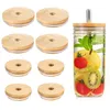 1000pcs Bamboo Cap Lids 70mm 88mm Reusable Wooden Jar Water Bottle Sublimation Tumber Lid with Straw Hole and Silicone Seal