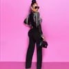 Women's Two Piece Pants Wholesale Women's Wear Black Mesh Long Sleeves Diamond Top&Bandage Pencil Trousers Sexy Two-Piece Suit Celeb