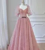 Sexy rosa Abendkleider mit Perlenkristallen Lange Prinzessin Velvet Satin Party besondere Anlässe Kleider Falten Rüschen Promise Kleid tragen