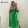 Foridol Off Shoulder Lantern Sleeve Green Solid Elegant Ladies Maxi Dress Summer Elastic A-line Dress Robe Drop Dress 220511