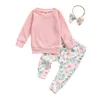 Completi di abbigliamento Set per neonate Maglione a maniche lunghe solido Top Pantaloni floreali Fascia per capelli Abiti per neonati Set di vestiti natiAbbigliamento