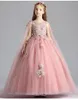 Abiti da ragazza di lusso in pizzo rosa ragazze da sposa ricamo appliques bambini lungo abito da ballo festa di compleanno principessa costume da comunione