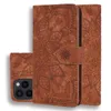 Plånbokstelefonfodral för iPhone 13 12 11 Pro Max XR XS X 7 8 Plus, Sunflower Totem prägling Calfskin Texture Pu Leather Flip Kickstand Cover Case With Card Slots