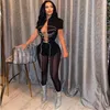 2022 Sexy Sheer Yoga Pants Womens Designer Tracksuits Bandage Shirt Mesh Leggings Two Piece Set