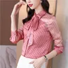 2022 Mujeres Moda Imprimir Blusas rosadas Manga larga Vintage Cinta Arco Camisa Damas Clásico Solapa Botón Camisas Primavera Otoño Mujer 296p