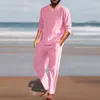 Survêtements pour hommes Hommes Pièces Coton Linge Ensemble Henley Chemise À Manches Longues Et Pantalon De Plage Occasionnel Yoga D'été Costumes Chinois Pour Hommes Traditionnels