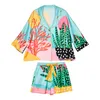 Kvinnor Pajama Set Handritad Konst Tropiska Växter Pajama Silk Som Nattkläder Shorts Hem Använd kläder Sleepwear Homewear 220329