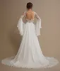 2022 Boho A Line Chiffon Wedding Dress Flare Long Sleeve Country Brudklänningar Lace Appliques Illusion Open Back Chic Summer Bride Dresses Custom Made Made