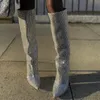 Crystal Knee High Boots Women Sexy Pointed Genuine Leather Heel Sleeve Luxury Shiny Catwalk Big Size 220813