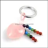 Ключевые кольца форма сердца натуральный камень семи кисточки для кисточки -брелок Sier Color Healing Amethyst Pink Rose Crystal Car D Carshop2006 DHJKP