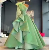 Party Dresses Luxury Green Ball Gown Evening High Neck Bow One Shoulder Tulle Ruffles Pleated Plus Size Women Prom Gownsparty