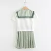 Kläder set sommar kort/lång ärm uniformer japanska skolflicka uniform kvinnor flickor matcha gröna sjömän kostym veckad kjol setSclothin