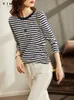 VIMLY Striped T-shirt for Women Long Sleeve O-neck Cotton Autumn Casual Female Tees Loose Top's Clothes F8878 220402