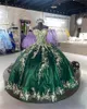 Emerald Green Quinceanera Sukienki Koraliki Aplikacja Suknia Ball Suknia na 15 imprezowych sukni z okazji urodzin Koronkowe Vestidos de 15 Anos