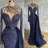2022 بالإضافة إلى الحجم العربي Aso ebi Navy Blue Frust Frod Dresses Hoveded Mermaid Lace Evening Party Second Dression Dress