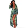 Party Jurken Vrouwen Zomer Seaside Maxi Jurk 2022 Sexy Diepe V Palm Boom Print Strand Bloemen Lange Mouwen Ruffle zonnejurk Plus Size