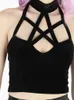 InsGoth Goth Pentagram Black Camis Vintage Velvet Sexy Corset Tops Gothic Halter Backless Hollow Out Crop Tops Basic Streetwear 220407