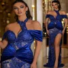 2022 Plus la taille arabe Aso Ebi Royal Blue sirène robes de bal dentelle perlée soirée formelle fête deuxième réception anniversaire robes de fiançailles robe ZJ266