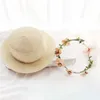 Summer Women's Sun Hat Bucket Cap Beige Lace Bowknot Flowers Ribbon Flat Top Straw Hat Beach Caps Panama Sunhat Feminino