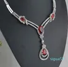 wholesale-RED GARNET RUBY TOPAZ WHITE GOLD PLATED NECKLACE EARRING JEWELRY SET