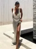 Sruby White Beach Women Hollow Out Backless Cover Up Knitted Maxi es Summer See Side Split Sexy Dress 220608