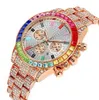 Crystal PINTIME Colourful Diamond Quartz Date Mens Watch Decorative Three Subdials Shining Watches Factory Direct Luxury Rose Gold