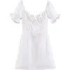 Summer French Boho Tie Neck Mini Sexy White Women Dress Elegant Puff Sleeve Y2k Casual Party Beach Square Light Dresses Robe 220531