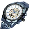 손목 시계 블루 남성 기계식 시계 간단한 흰색 다이얼 시계 자동 자체 와인딩 손목 시계를위한 스틸 스트랩 안전 안전 접이식 부두