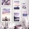 Obrazy Purple krajobrazowe Horizon Horse Calm Lake Flower Fog Nordic Poster Wall Art Drukuj na płótnie