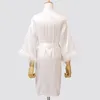 Women's Nachtkleding Wit Veer Patchwork Robe Bruid Bruidsmeisje Bruiloft Kimono Jurk Sexy Zomer Badjas Letter Borduurwerk Pyjama Pija Nigh