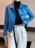 Blue Pu Leather Jacket Woman Autumn Winter Streetwear Single Breasted Basic Blazer Coat Female Korean Chic Vintage Jackets Tops L220801