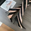 Mugler 100 mm tweekleurige jersey mesh sok dijboots trekken aan elastische punt-slagen stiletto hakken gebreide over-knie-high laars luxe designer schoenen fabrieksschoenen schoenen