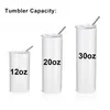 20oz sublimação tumblers de aço inoxidável garrafa de água reta branco em branco copos diy com tampas deslizantes e canudos plásticos ss1105