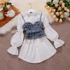 Casual Dresses High Quality Shinny Diamond Beaded Denim Vest White Shirt Dress 2pcs Suits Puff Sleeve Blouse Tassel Pearl Sets Female Fashio