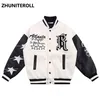 Harajuku Pu Leather Patchwork Parka Men Pearl Embroidery Thick Jacket Hip Hop Windbreaker Winter Padded Baseball Coat Loose 220817