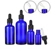 Botella azul de vidrio Hombro redondo Anillo negro Tapa negra Viales cuentagotas de aceite esencial Recargable Envase de embalaje cosmético portátil 5ML 10ML 15ML 20ML 30ML 50ML 100ML