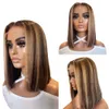 Perruque Lace Frontal Wig brésilienne naturelle, cheveux courts lisses, à reflets, brun ombré, avec Closure, pour femmes