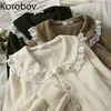 Korobov Coreano Vintage Patchwork di pizzo Camicie femminili Office Lady Elegante colletto alla Peter Pan Blusas Mujer Camicette monopetto 220817
