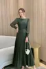 Autumn new Women's long sleeve casual dress o-neck pleated high waist with belt sashes maxi long vestidos solid color